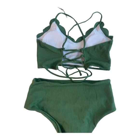 Zaful Ribbed Scalloped LaceUp TummyControl Tankini Green Size Small NWT - Picture 6 of 8